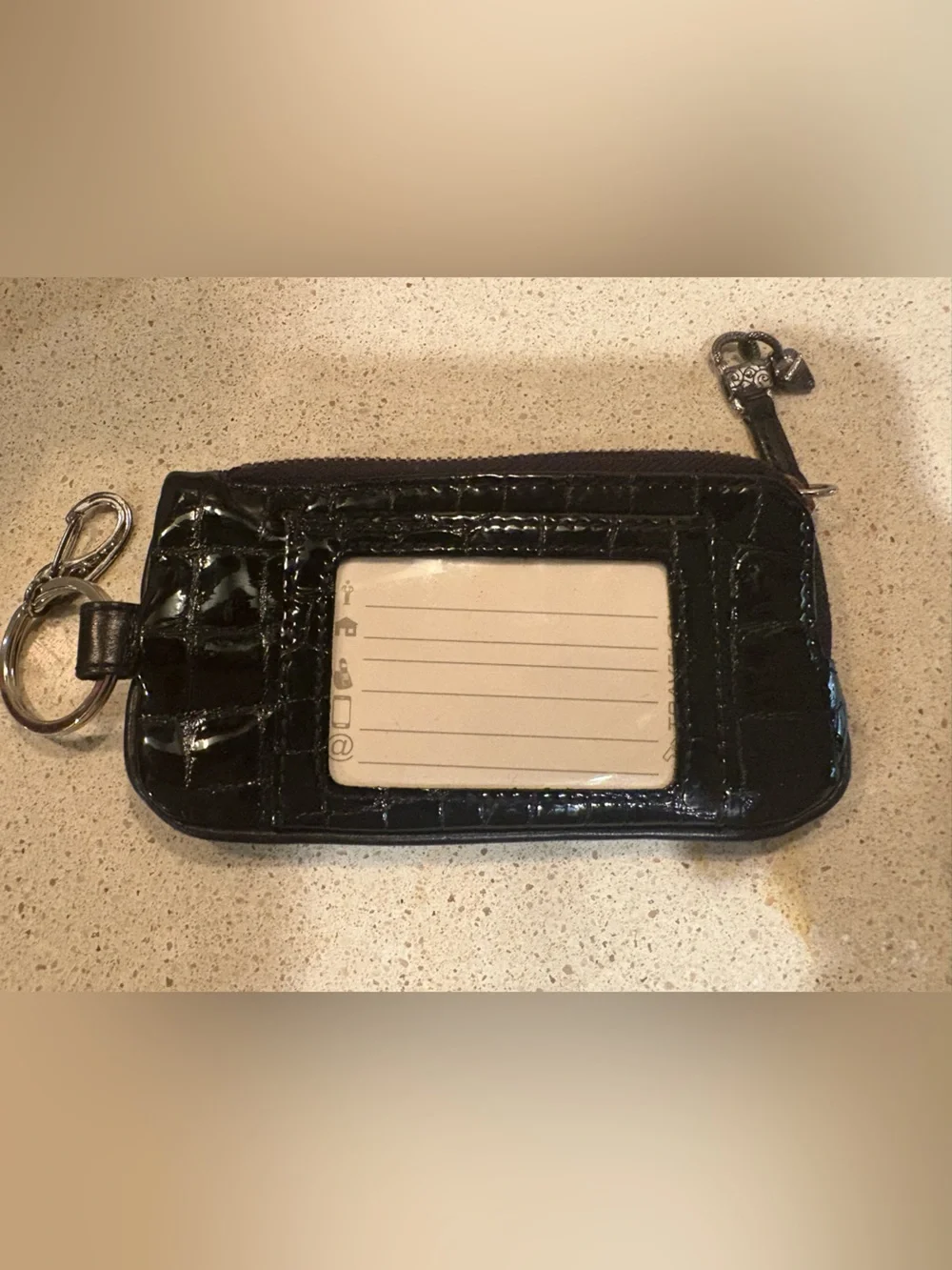 Brighton Black Patent Croc Keychain Cardholder Wallet Leopard Interior Jewels